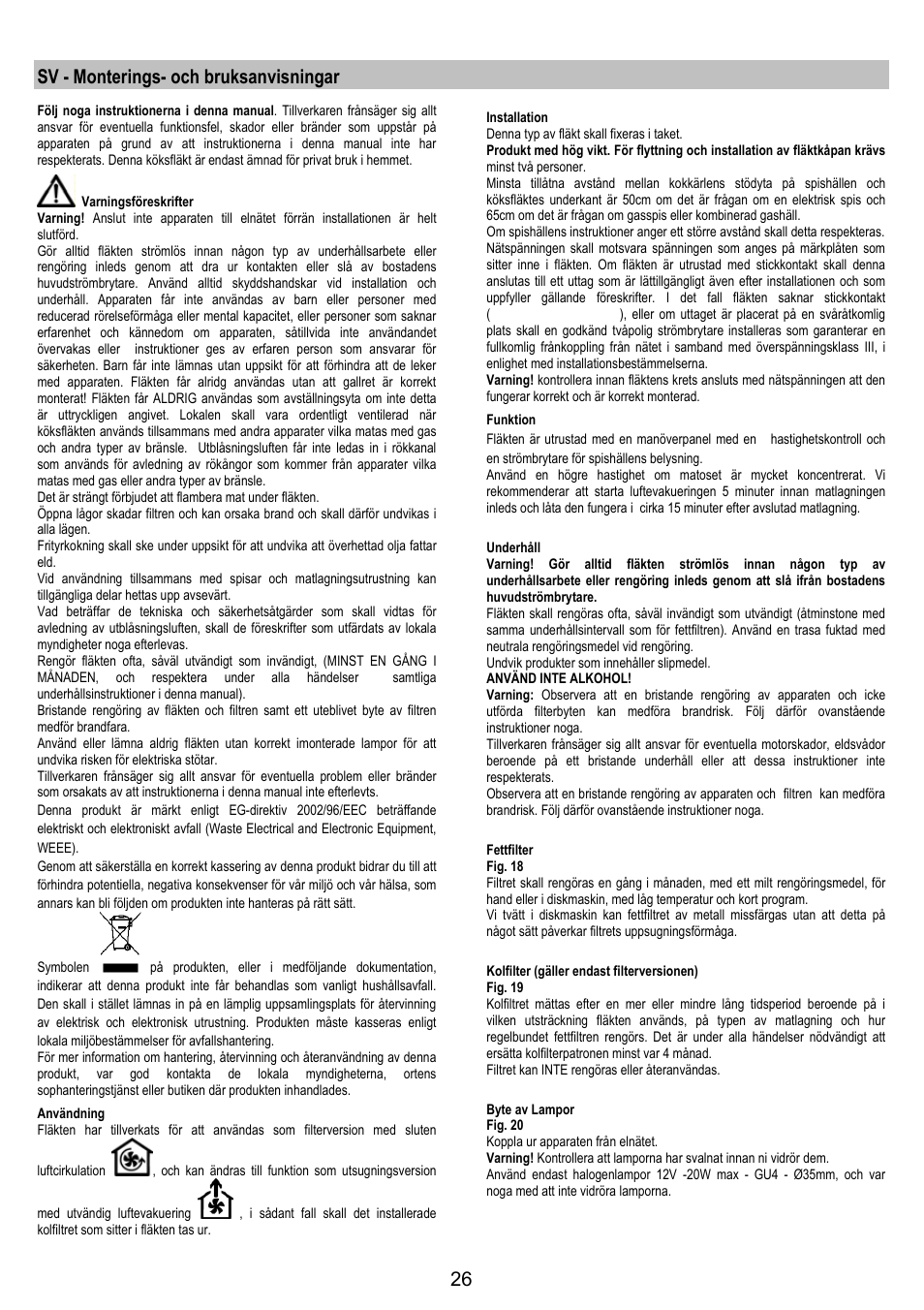 Sv - monterings- och bruksanvisningar | Electrolux EFA40850X User Manual | Page 26 / 48