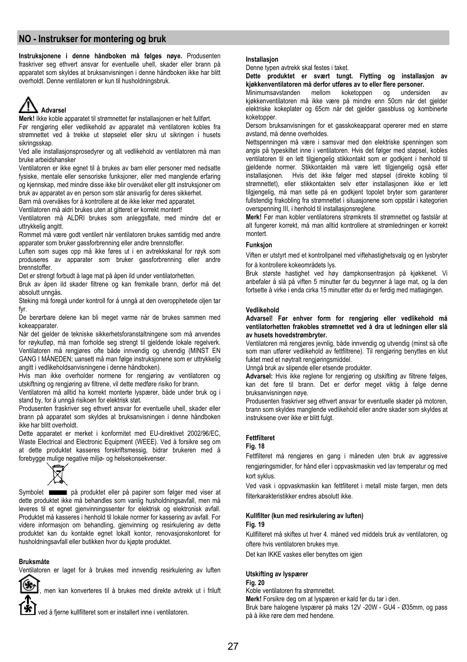No - instrukser for montering og bruk | Electrolux EFA40850X User Manual | Page 27 / 48