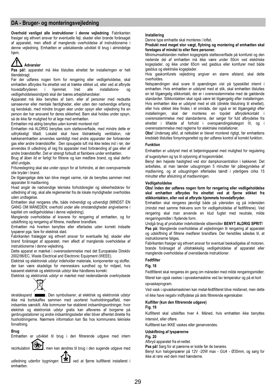 Da - bruger- og monteringsvejledning | Electrolux EFA40850X User Manual | Page 29 / 48