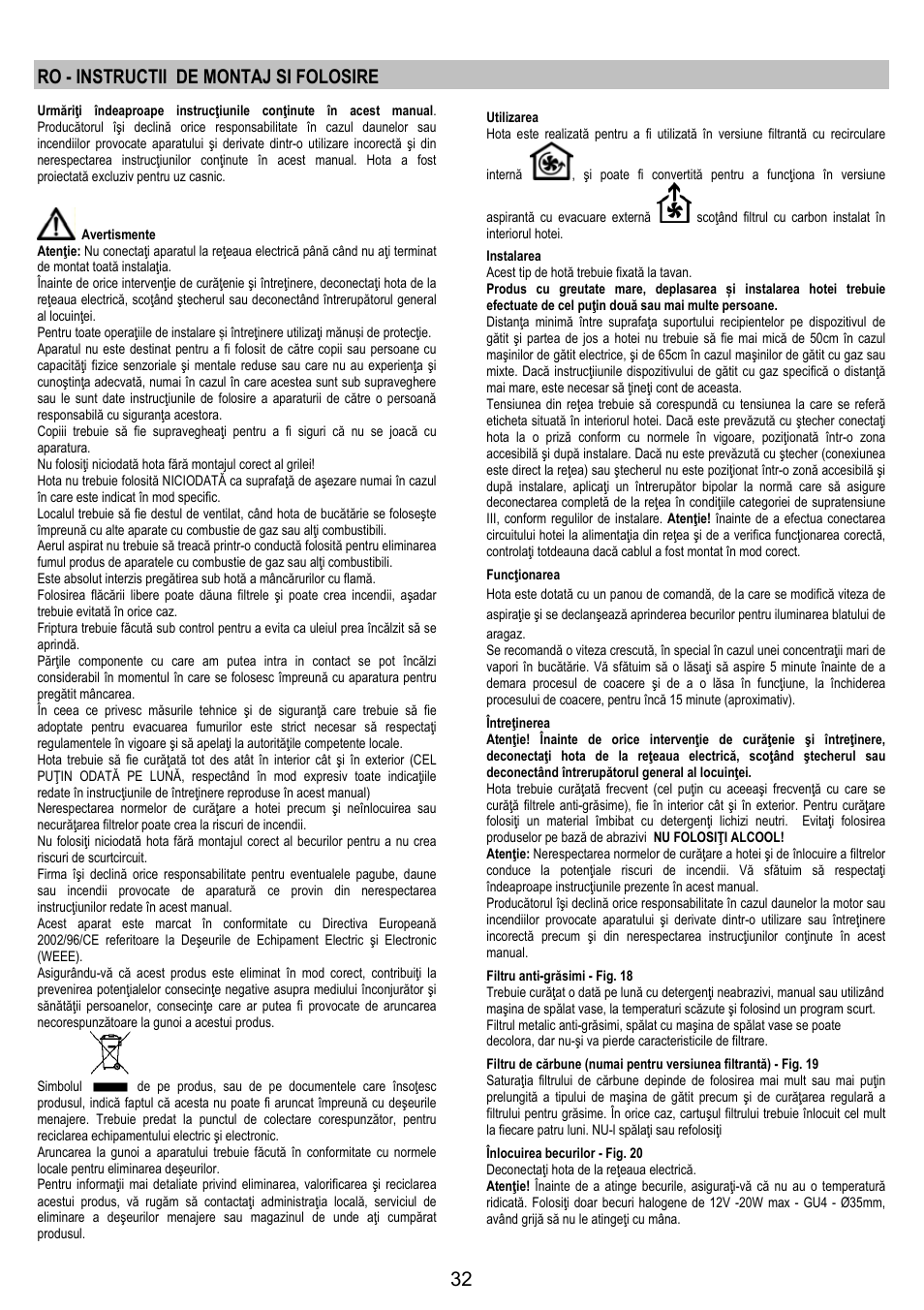 Ro - instructii de montaj si folosire | Electrolux EFA40850X User Manual | Page 32 / 48