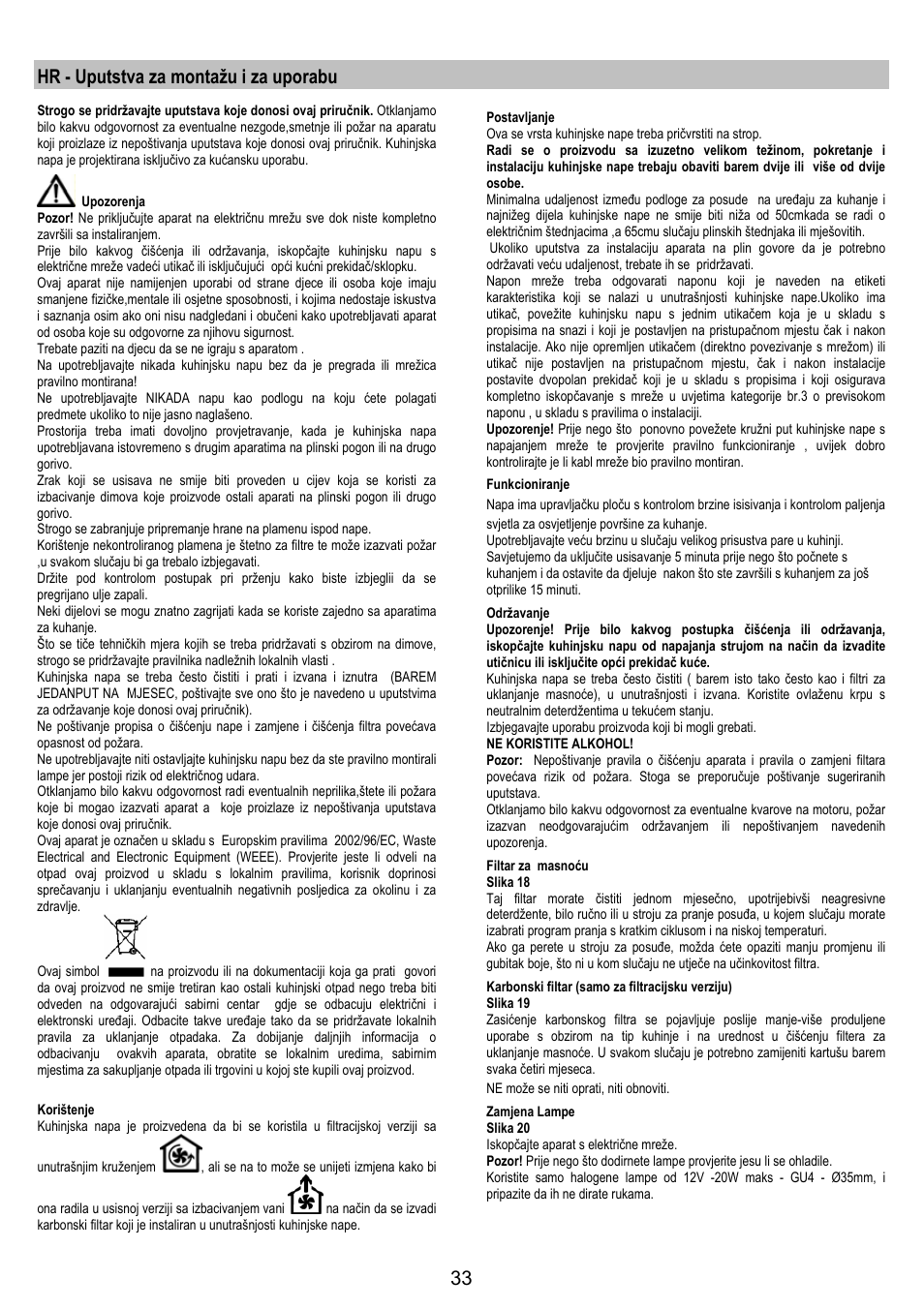 Hr - uputstva za montažu i za uporabu | Electrolux EFA40850X User Manual | Page 33 / 48