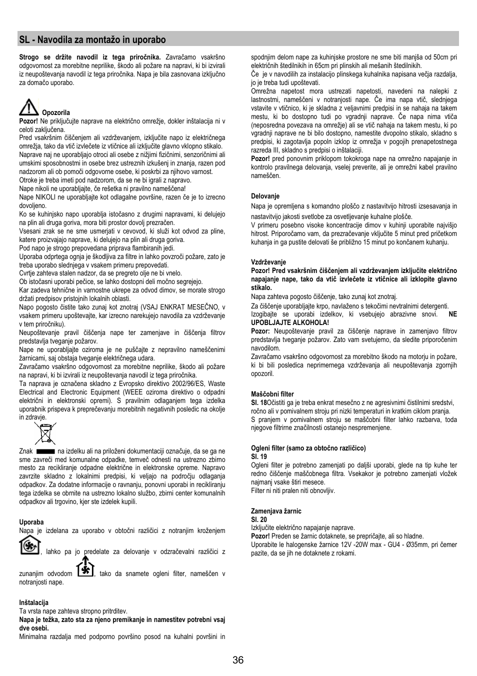Sl - navodila za montažo in uporabo | Electrolux EFA40850X User Manual | Page 36 / 48