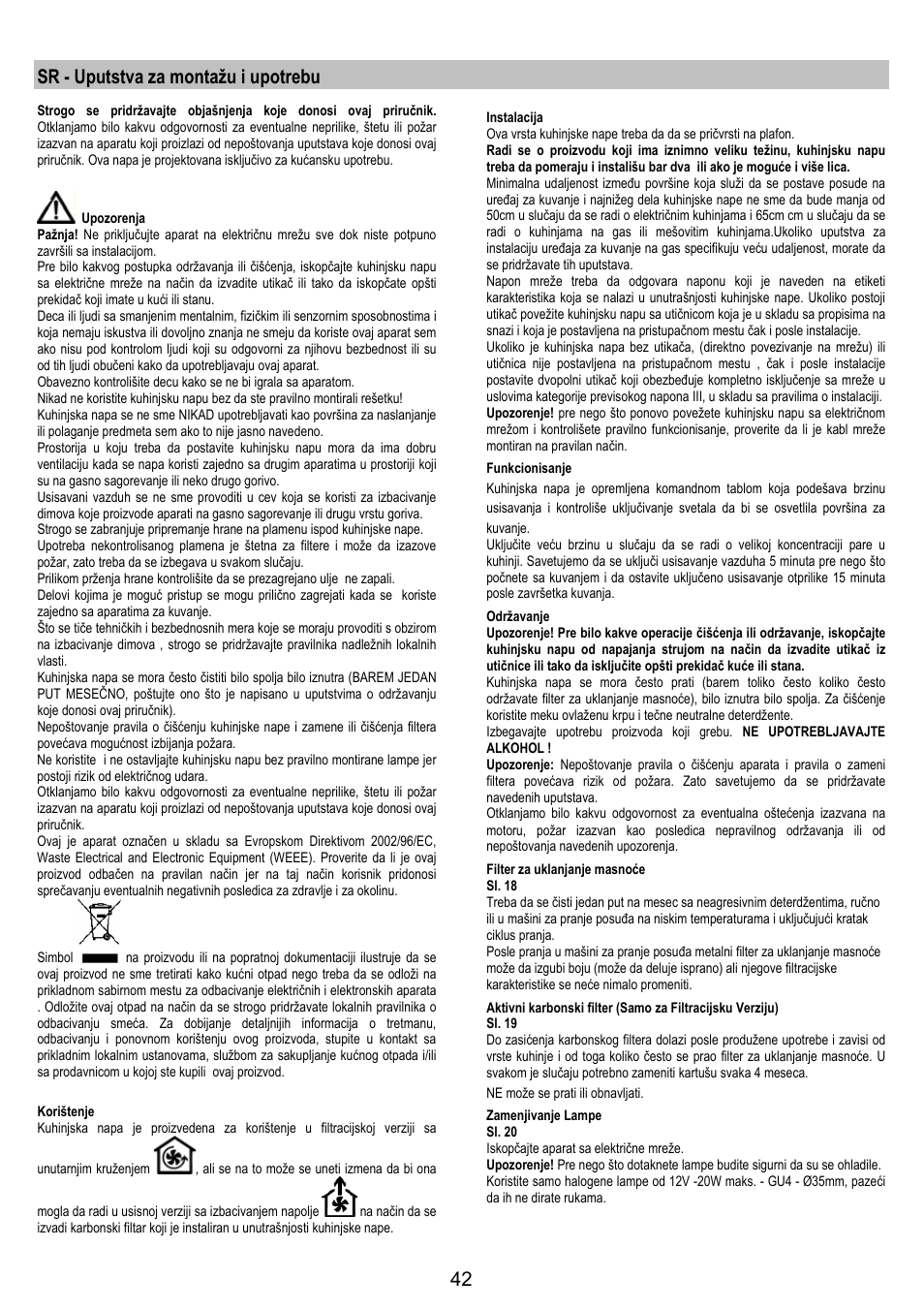 Sr - uputstva za montažu i upotrebu | Electrolux EFA40850X User Manual | Page 42 / 48