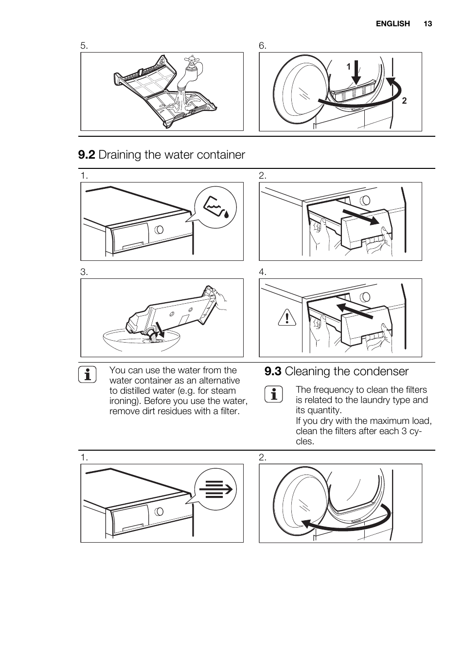 2 draining the water container, 3 cleaning the condenser | Electrolux EDH3498RDL User Manual | Page 13 / 68