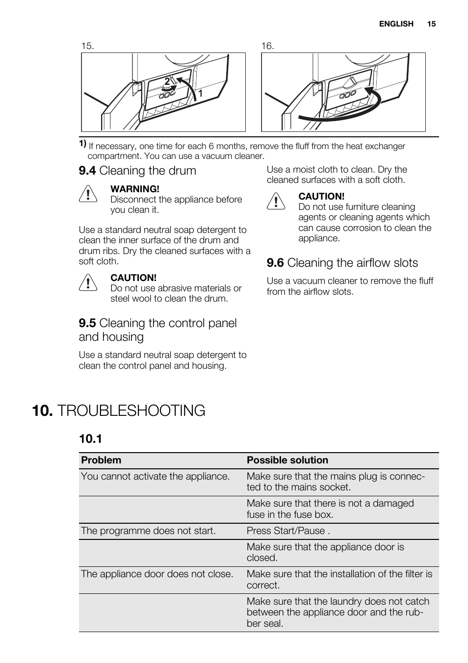 Troubleshooting, 4 cleaning the drum, 5 cleaning the control panel and housing | 6 cleaning the airflow slots | Electrolux EDH3498RDL User Manual | Page 15 / 68
