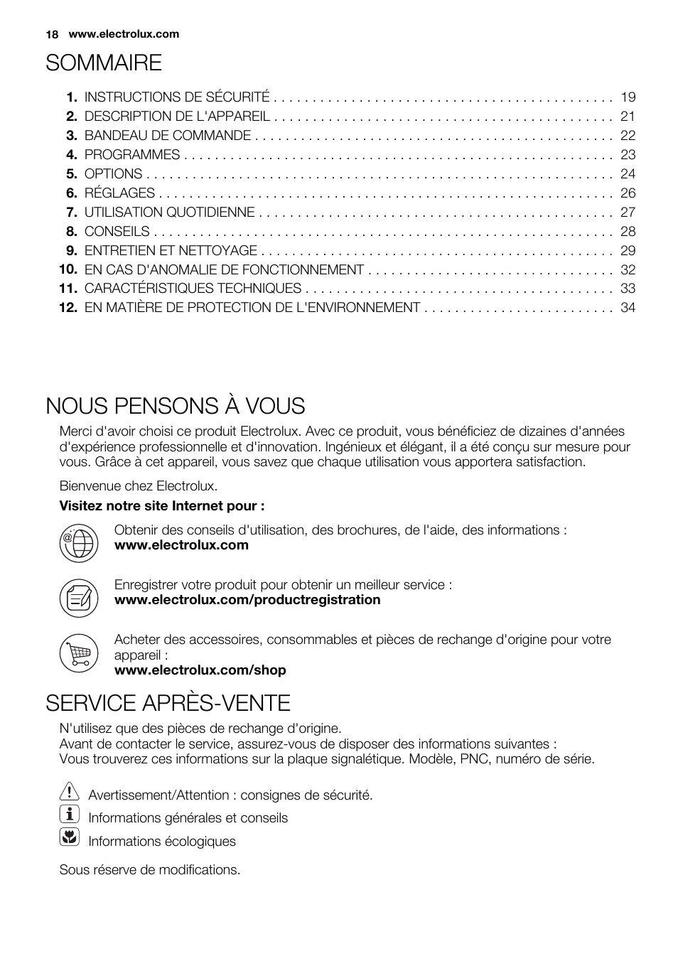 Sommaire, Nous pensons à vous, Service après-vente | Electrolux EDH3498RDL User Manual | Page 18 / 68