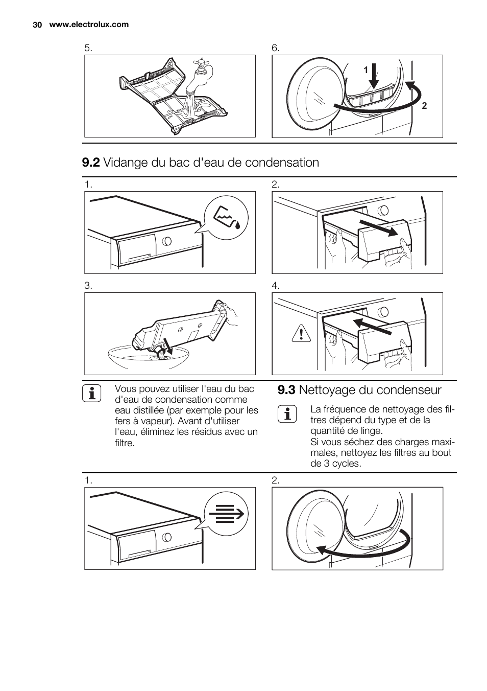 2 vidange du bac d'eau de condensation, 3 nettoyage du condenseur | Electrolux EDH3498RDL User Manual | Page 30 / 68