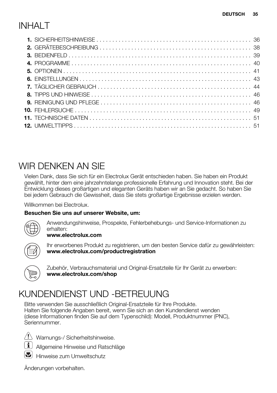 Inhalt, Wir denken an sie, Kundendienst und -betreuung | Electrolux EDH3498RDL User Manual | Page 35 / 68