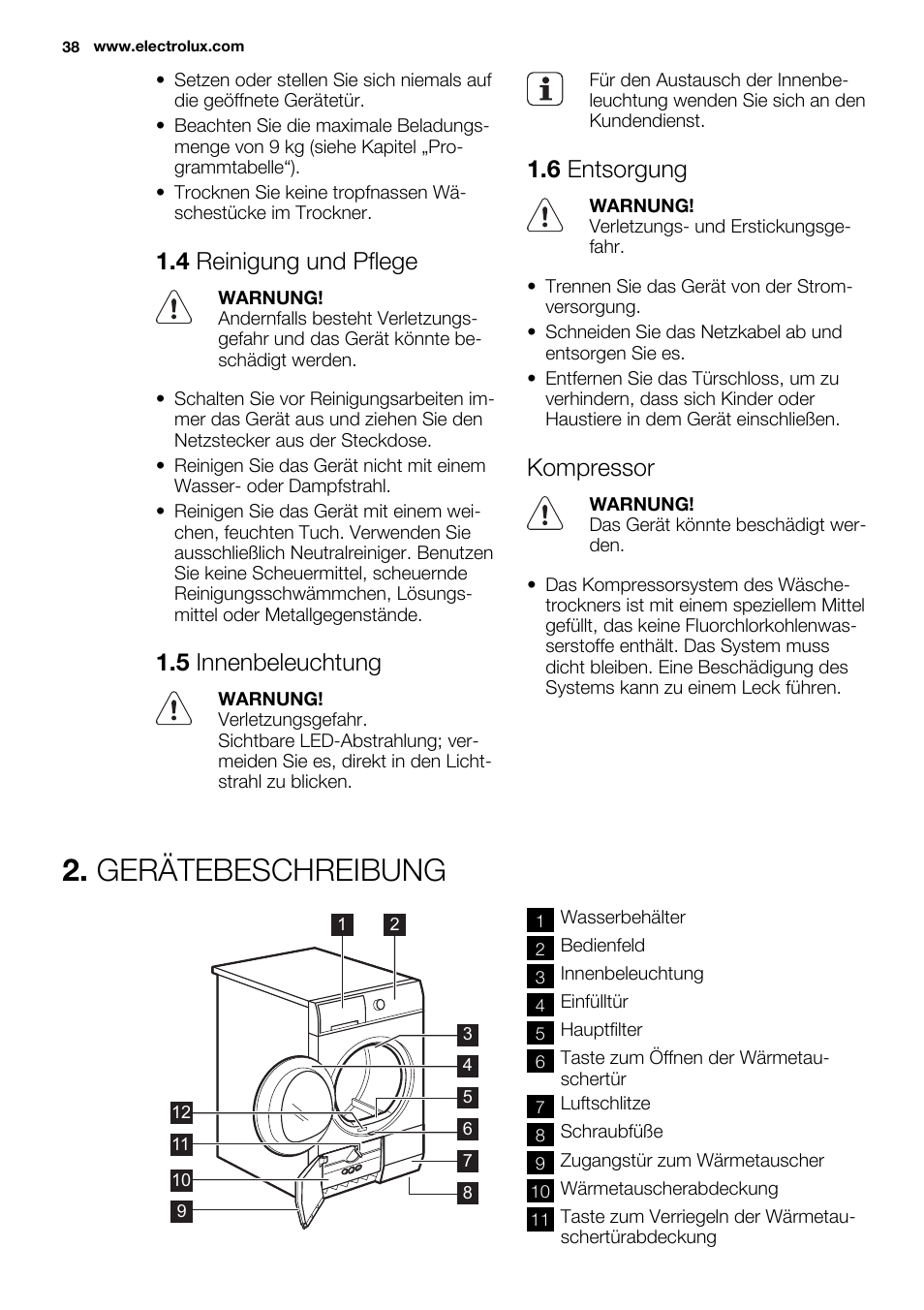 Gerätebeschreibung, 4 reinigung und pflege, 5 innenbeleuchtung | 6 entsorgung, Kompressor | Electrolux EDH3498RDL User Manual | Page 38 / 68