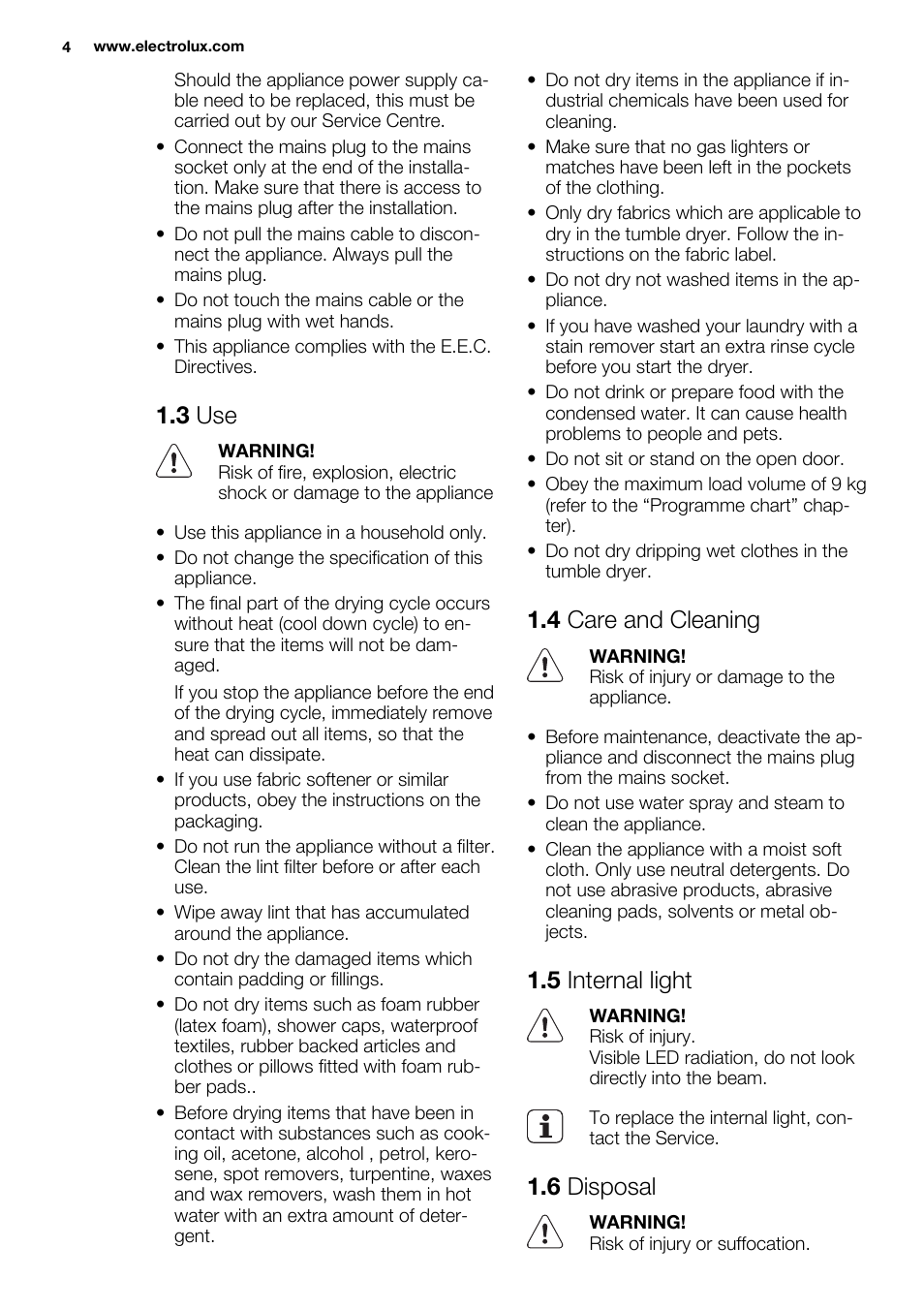 3 use, 4 care and cleaning, 5 internal light | 6 disposal | Electrolux EDH3498RDL User Manual | Page 4 / 68