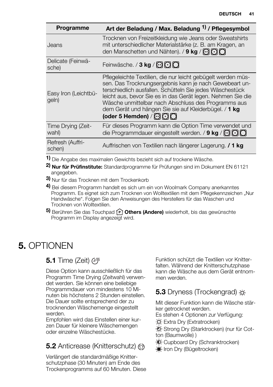 Optionen, 1 time (zeit), 2 anticrease (knitterschutz) | 3 dryness (trockengrad) | Electrolux EDH3498RDL User Manual | Page 41 / 68