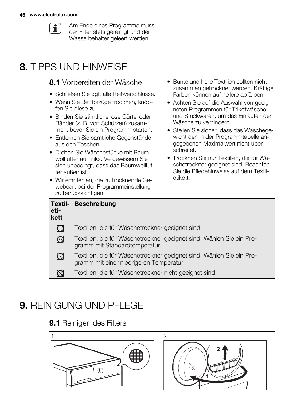 Tipps und hinweise, Reinigung und pflege, 1 vorbereiten der wäsche | 1 reinigen des filters | Electrolux EDH3498RDL User Manual | Page 46 / 68