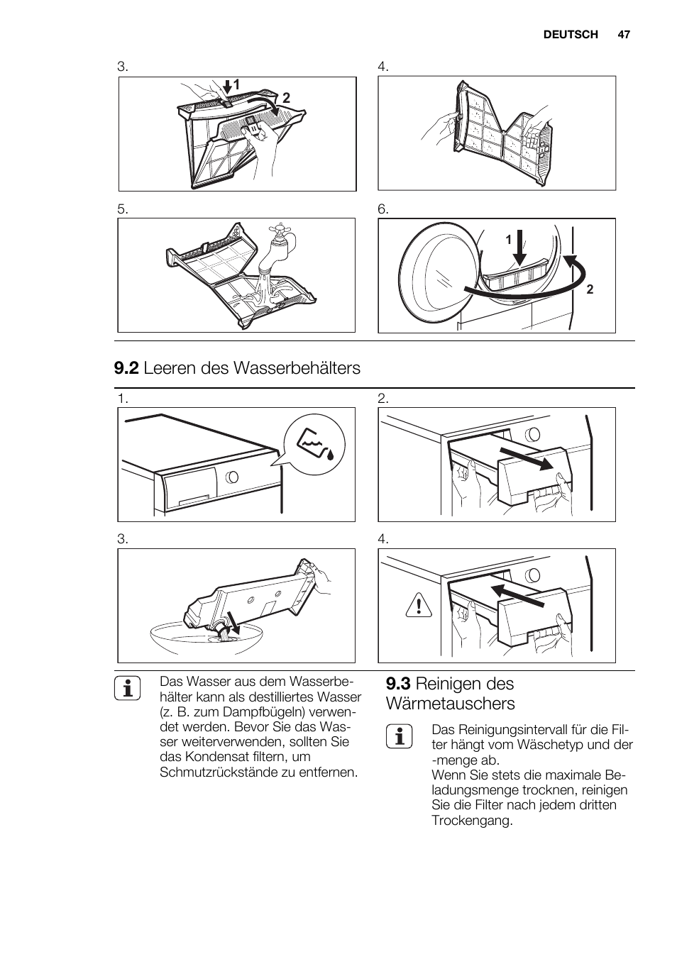2 leeren des wasserbehälters, 3 reinigen des wärmetauschers | Electrolux EDH3498RDL User Manual | Page 47 / 68