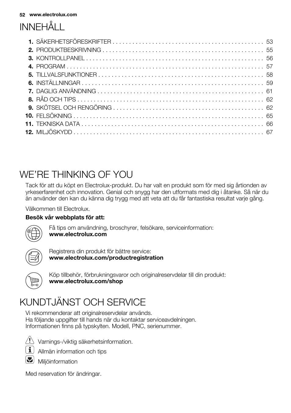 Innehåll, We’re thinking of you, Kundtjänst och service | Electrolux EDH3498RDL User Manual | Page 52 / 68