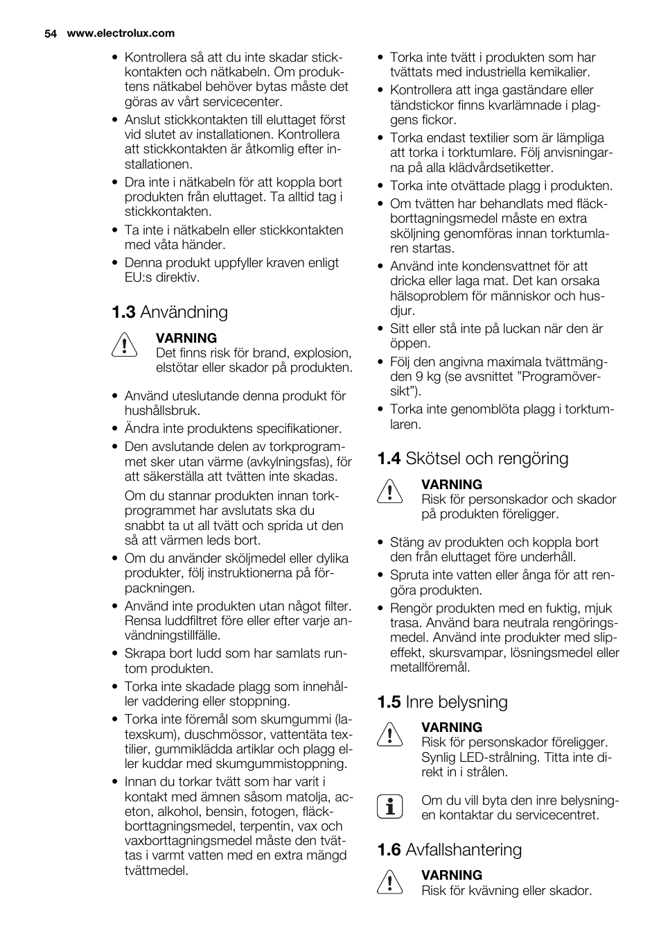 3 användning, 4 skötsel och rengöring, 5 inre belysning | 6 avfallshantering | Electrolux EDH3498RDL User Manual | Page 54 / 68