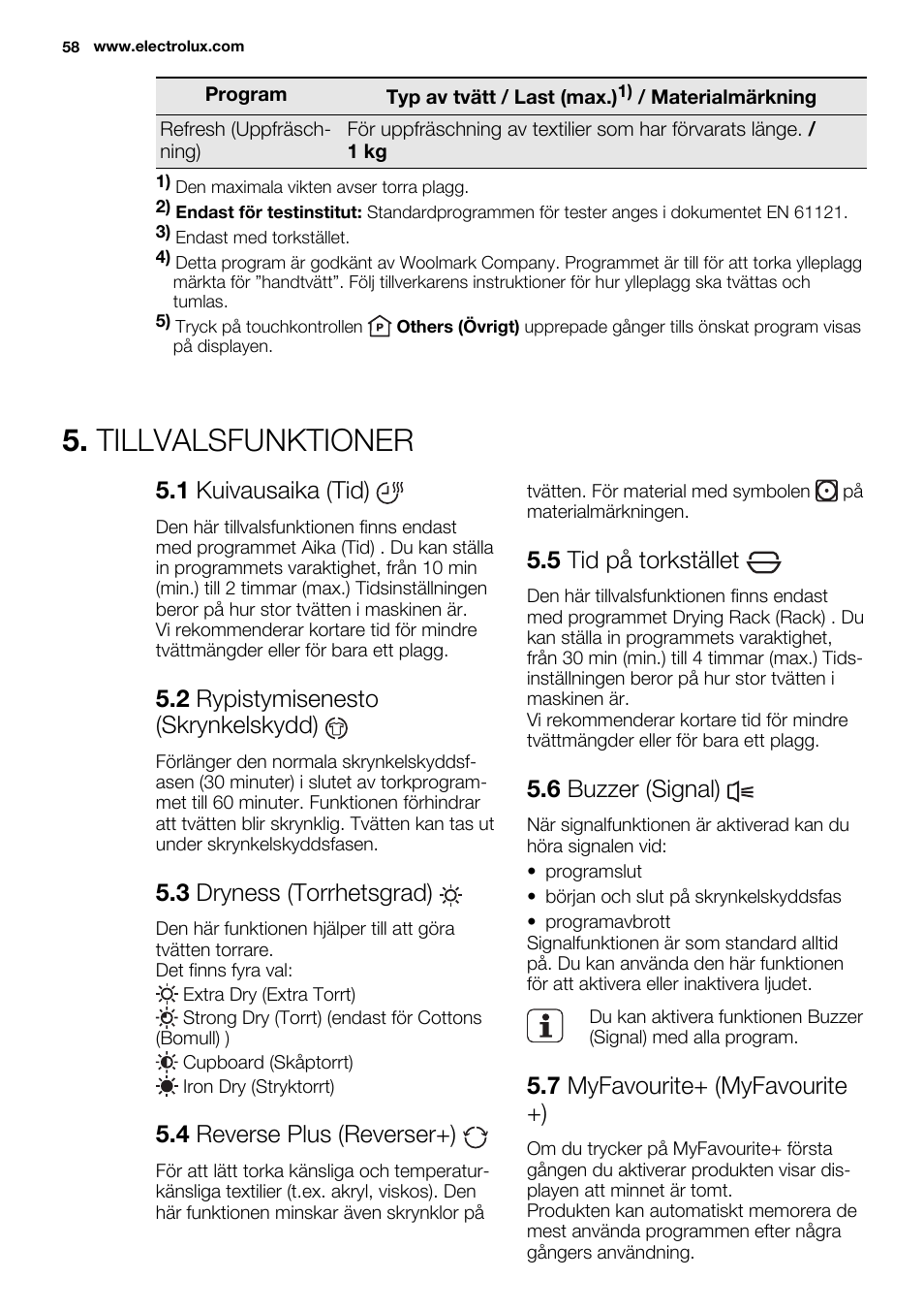 Tillvalsfunktioner, 1 kuivausaika (tid), 2 rypistymisenesto (skrynkelskydd) | 3 dryness (torrhetsgrad), 4 reverse plus (reverser+), 5 tid på torkstället, 6 buzzer (signal), 7 myfavourite+ (myfavourite +) | Electrolux EDH3498RDL User Manual | Page 58 / 68