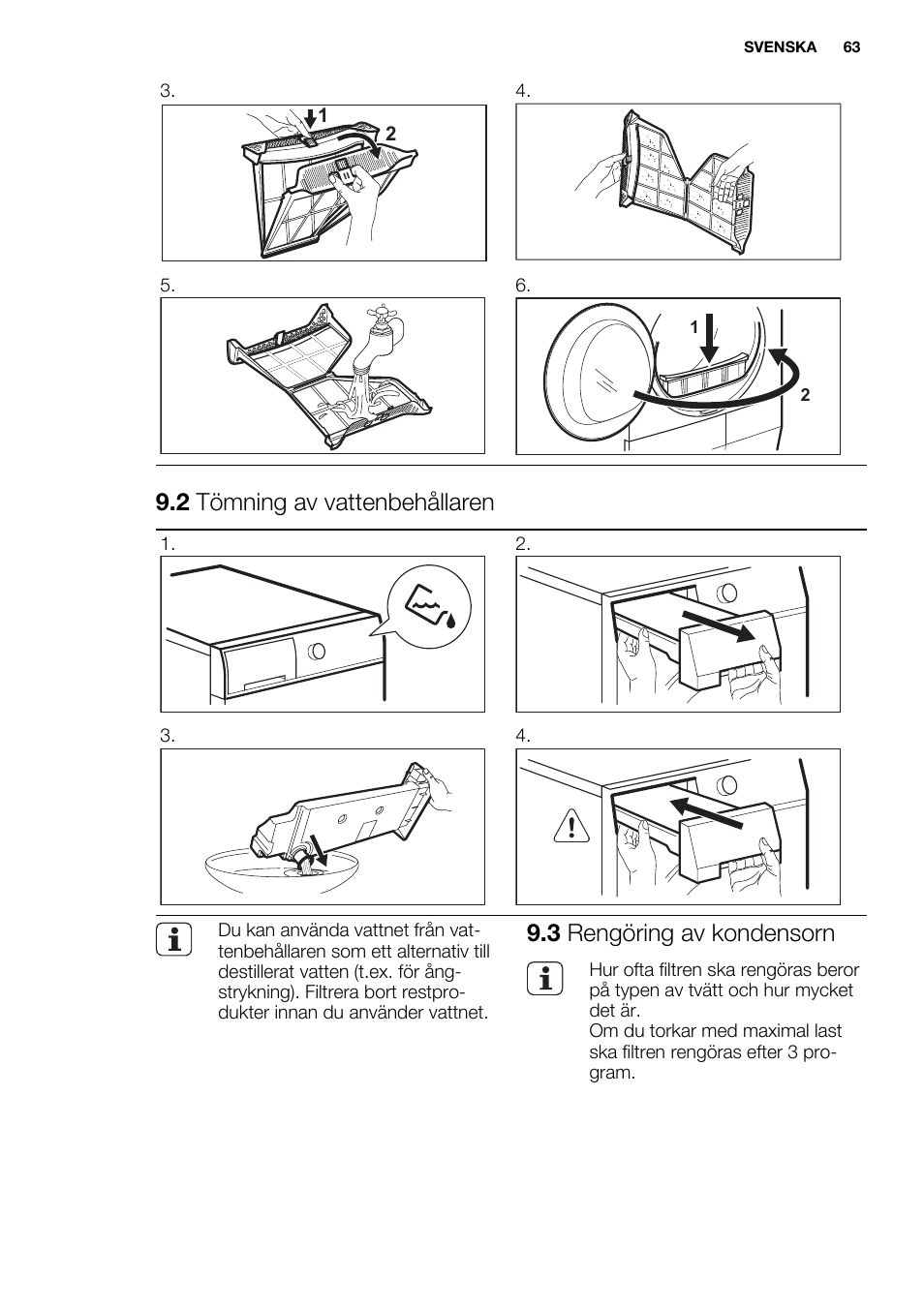 2 tömning av vattenbehållaren, 3 rengöring av kondensorn | Electrolux EDH3498RDL User Manual | Page 63 / 68