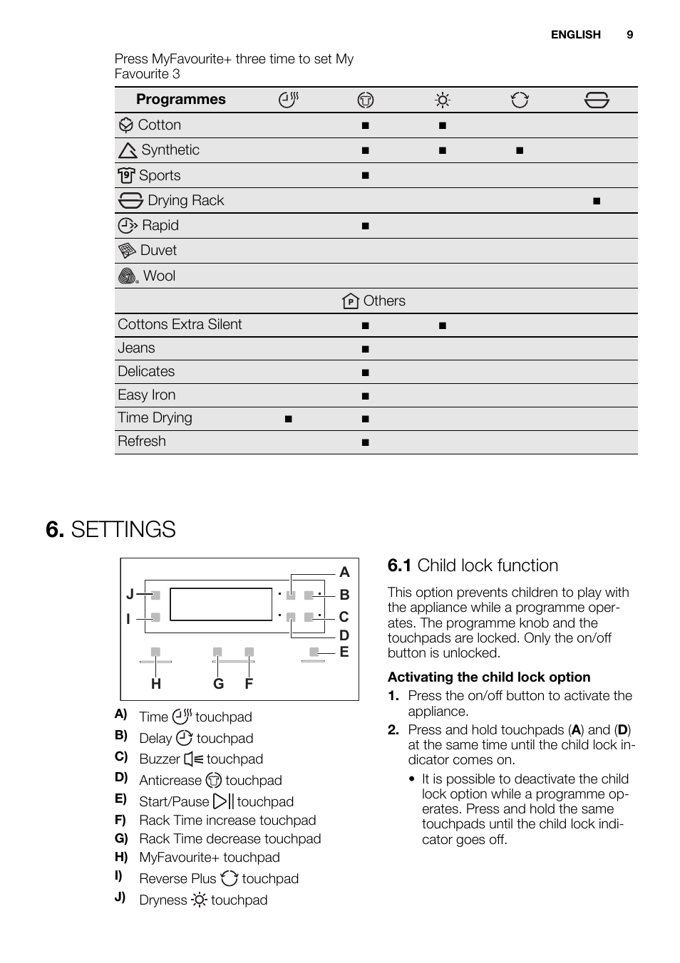 Settings, 1 child lock function | Electrolux EDH3498RDL User Manual | Page 9 / 68