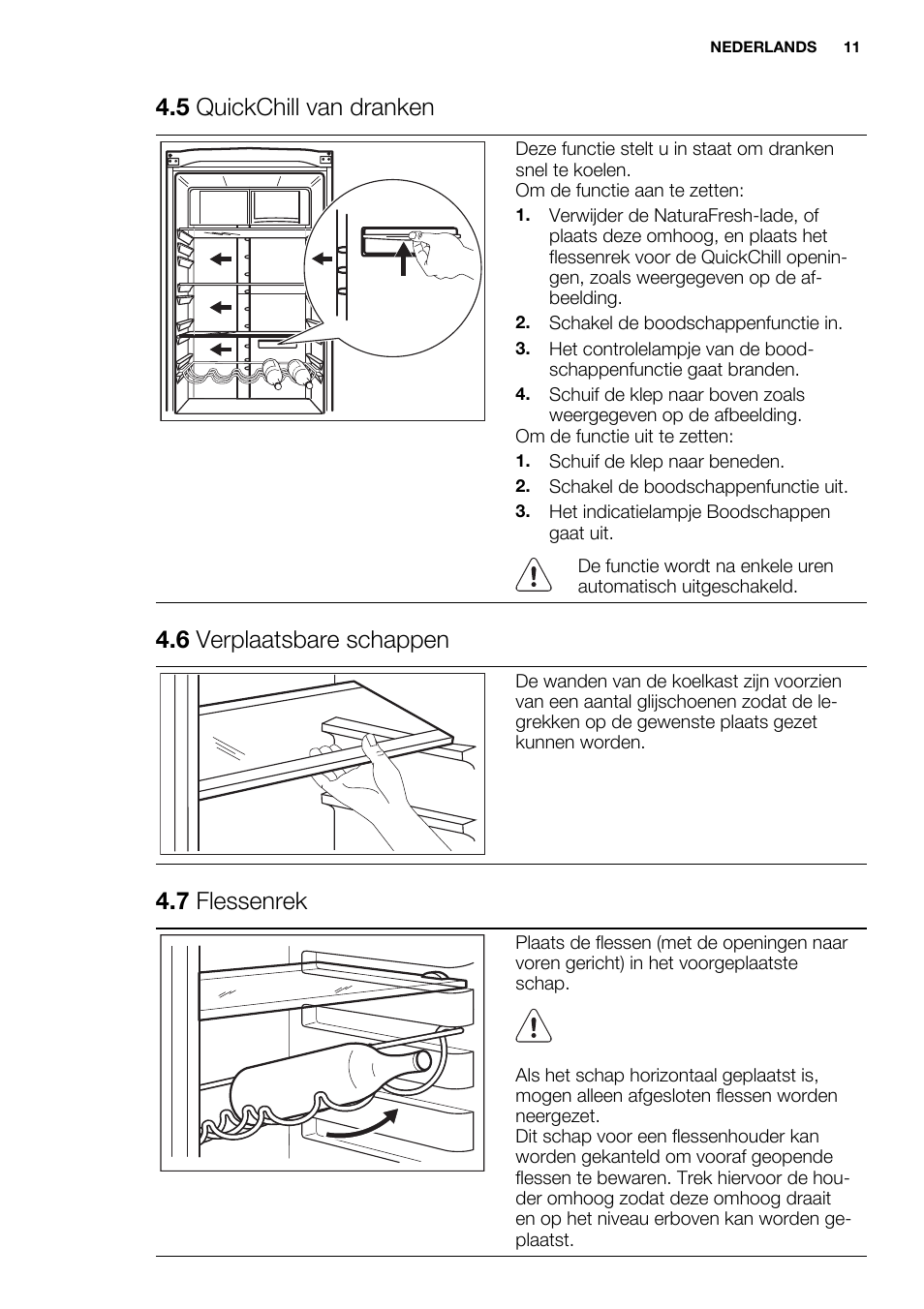 5 quickchill van dranken, 6 verplaatsbare schappen, 7 flessenrek | Electrolux EN3480AOX User Manual | Page 11 / 96