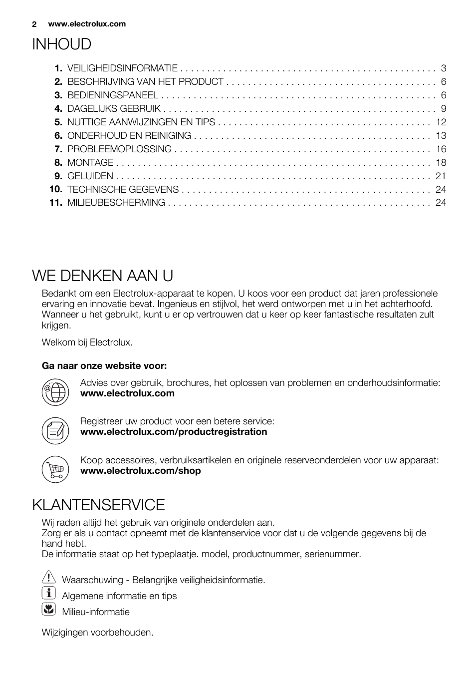 Inhoud, We denken aan u, Klantenservice | Electrolux EN3480AOX User Manual | Page 2 / 96