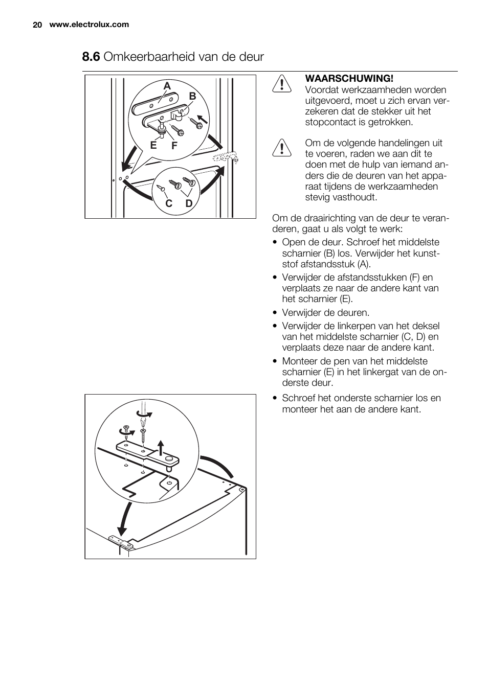 6 omkeerbaarheid van de deur | Electrolux EN3480AOX User Manual | Page 20 / 96