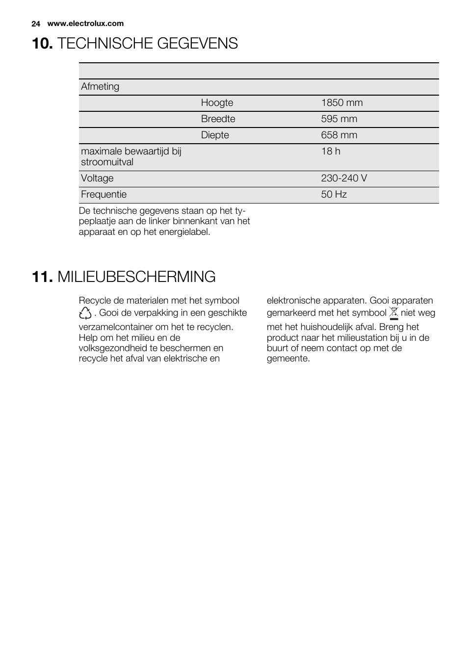 Technische gegevens, Milieubescherming | Electrolux EN3480AOX User Manual | Page 24 / 96