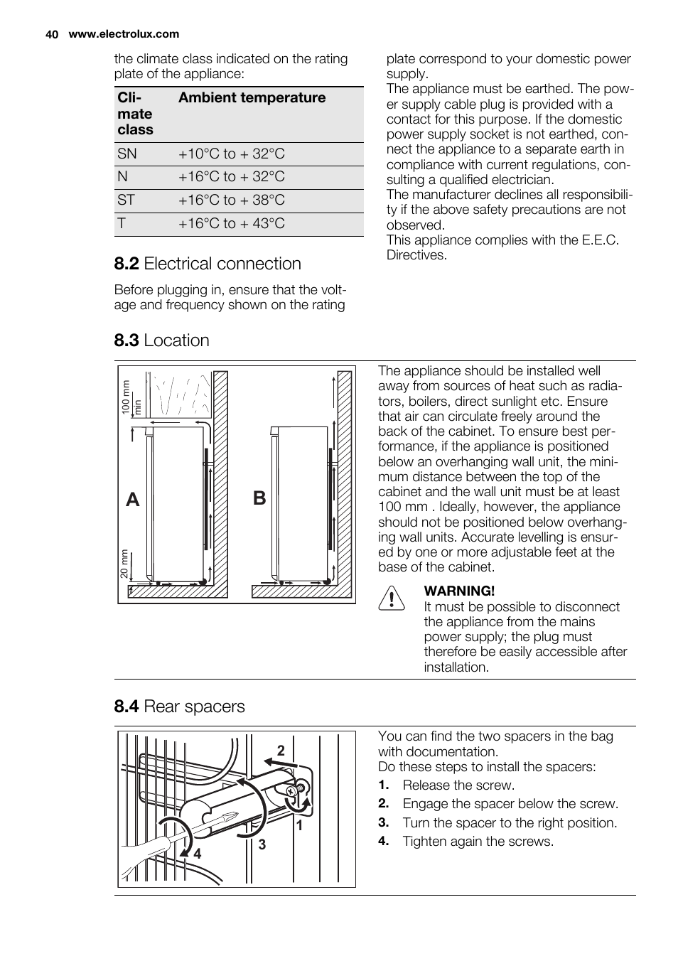 2 electrical connection, 3 location, 4 rear spacers | Electrolux EN3480AOX User Manual | Page 40 / 96