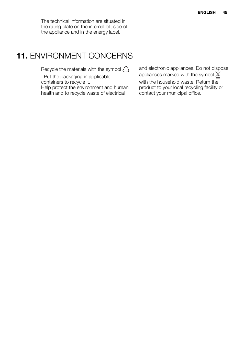 Environment concerns | Electrolux EN3480AOX User Manual | Page 45 / 96