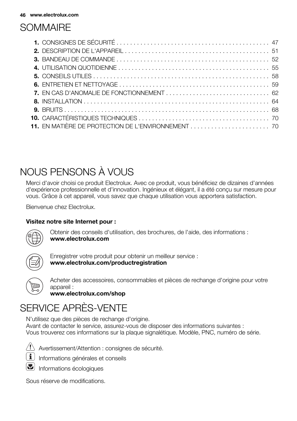 Sommaire, Nous pensons à vous, Service après-vente | Electrolux EN3480AOX User Manual | Page 46 / 96