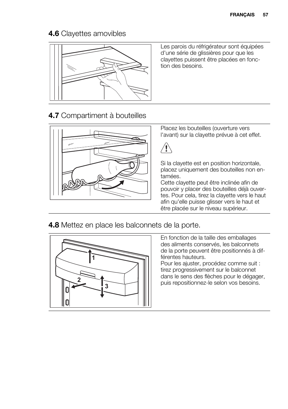 6 clayettes amovibles, 7 compartiment à bouteilles, 8 mettez en place les balconnets de la porte | Electrolux EN3480AOX User Manual | Page 57 / 96