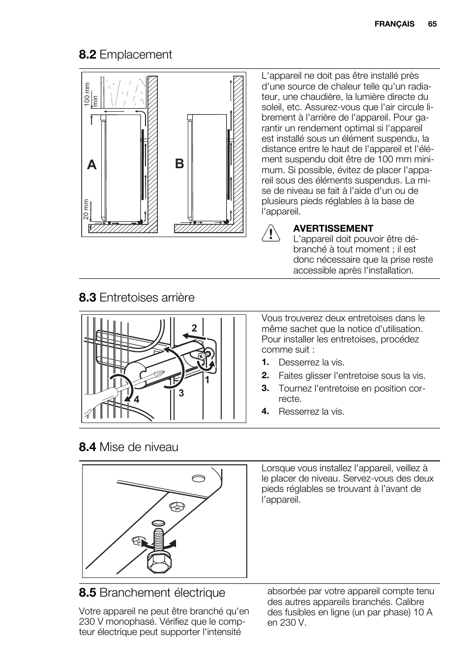 2 emplacement, 3 entretoises arrière, 4 mise de niveau | 5 branchement électrique | Electrolux EN3480AOX User Manual | Page 65 / 96