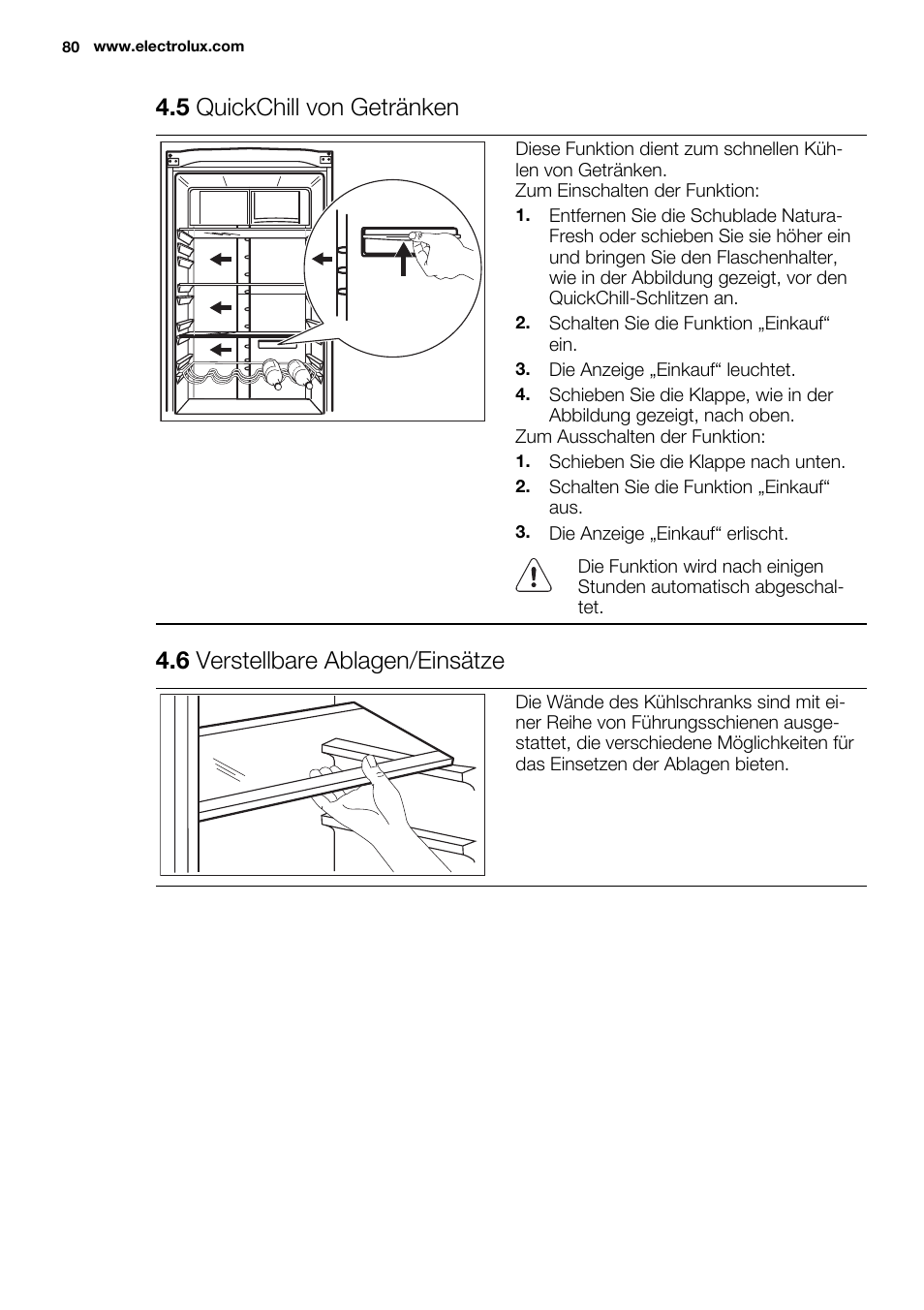 5 quickchill von getränken, 6 verstellbare ablagen/einsätze | Electrolux EN3480AOX User Manual | Page 80 / 96