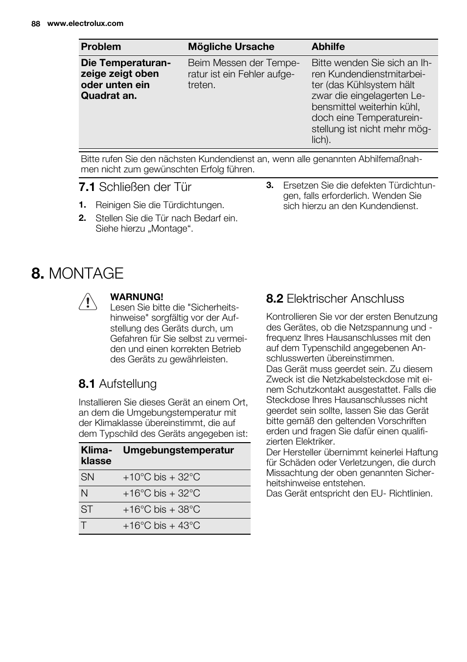 Montage, 1 schließen der tür, 1 aufstellung | 2 elektrischer anschluss | Electrolux EN3480AOX User Manual | Page 88 / 96