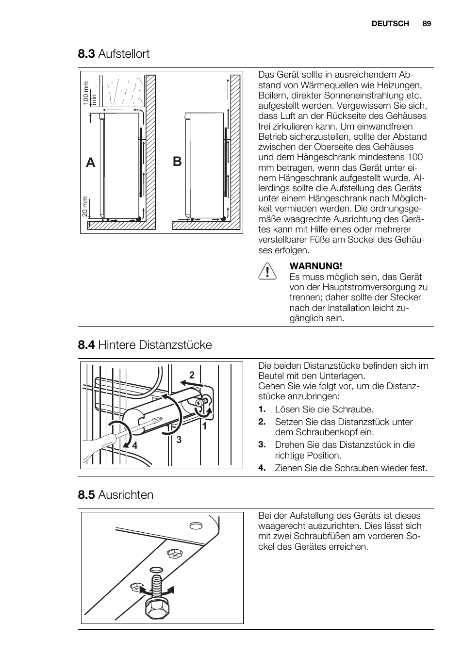 3 aufstellort, 4 hintere distanzstücke, 5 ausrichten | Electrolux EN3480AOX User Manual | Page 89 / 96