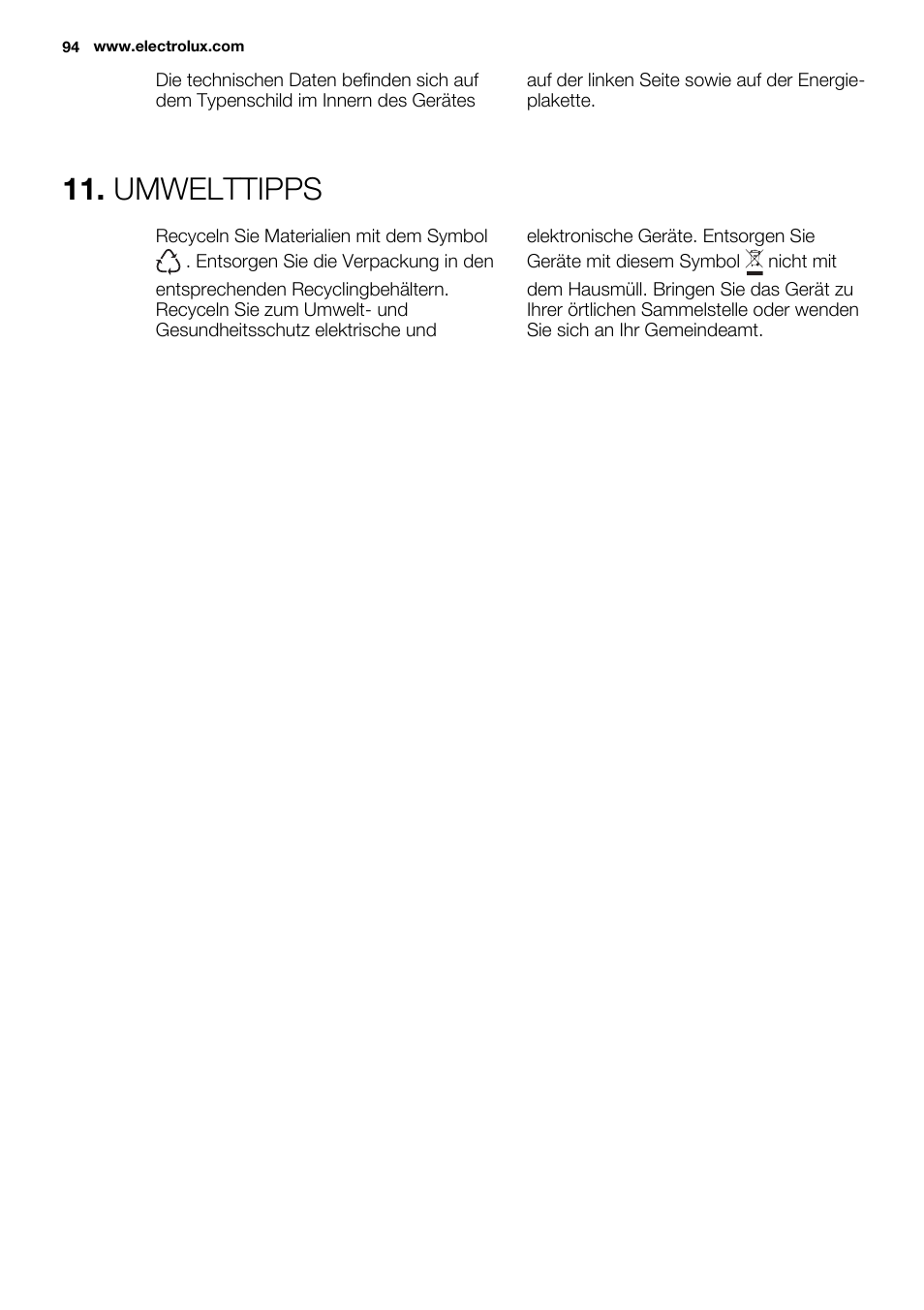 Umwelttipps | Electrolux EN3480AOX User Manual | Page 94 / 96