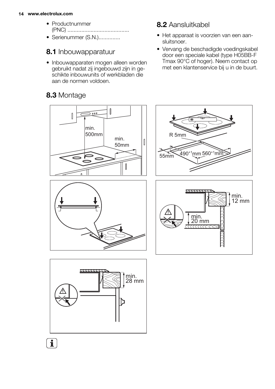 1 inbouwapparatuur, 2 aansluitkabel, 3 montage | Electrolux EHF6547FOK User Manual | Page 14 / 60