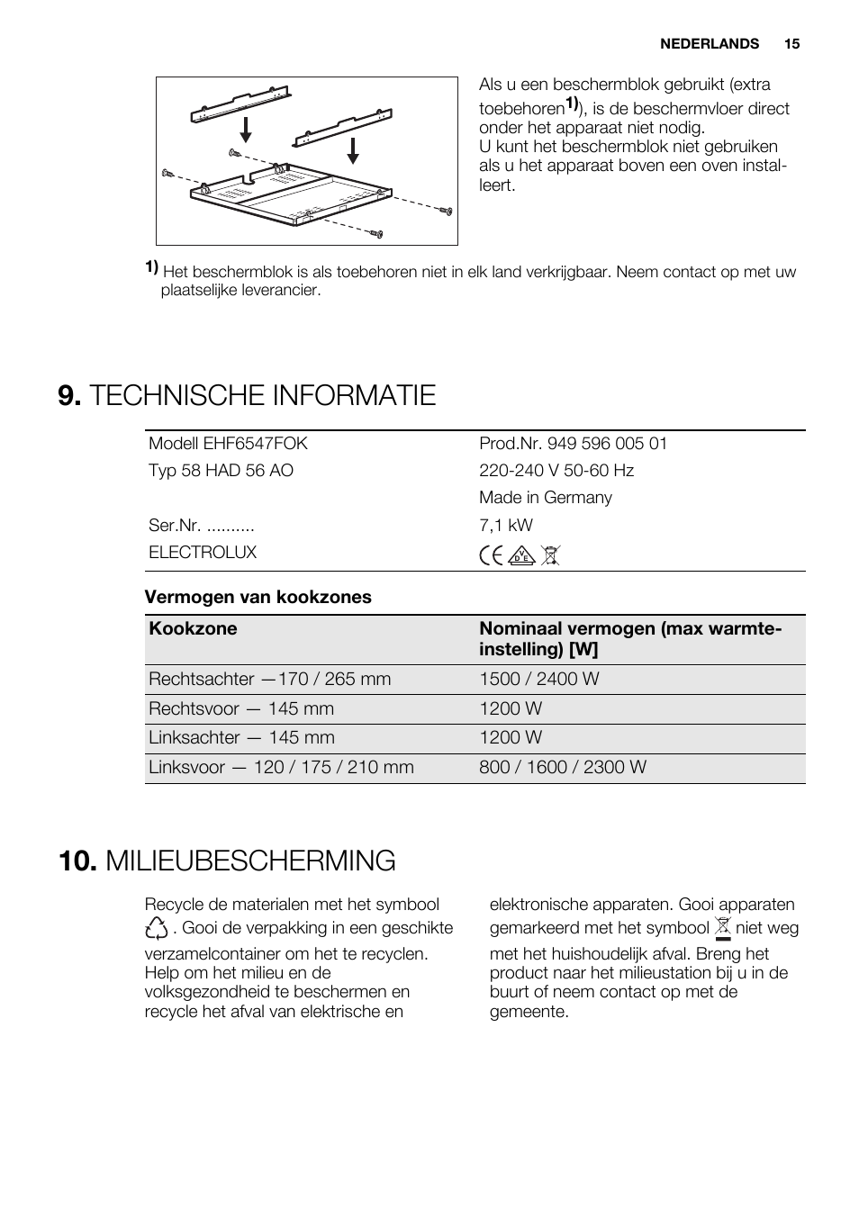 Technische informatie, Milieubescherming | Electrolux EHF6547FOK User Manual | Page 15 / 60