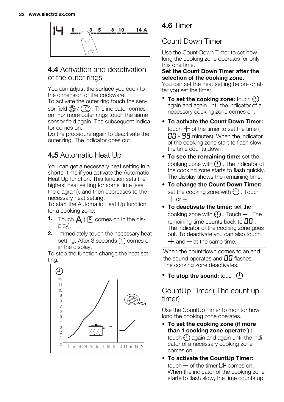 4 activation and deactivation of the outer rings, 5 automatic heat up, 6 timer count down timer | Countup timer ( the count up timer) | Electrolux EHF6547FOK User Manual | Page 22 / 60