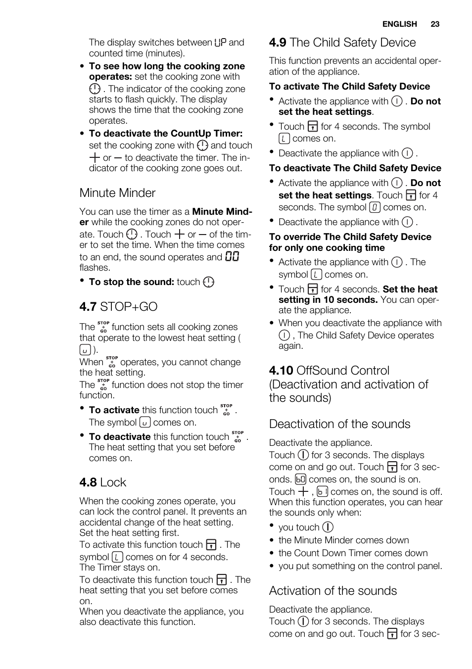 Minute minder, 7 stop+go, 8 lock | 9 the child safety device, Activation of the sounds | Electrolux EHF6547FOK User Manual | Page 23 / 60