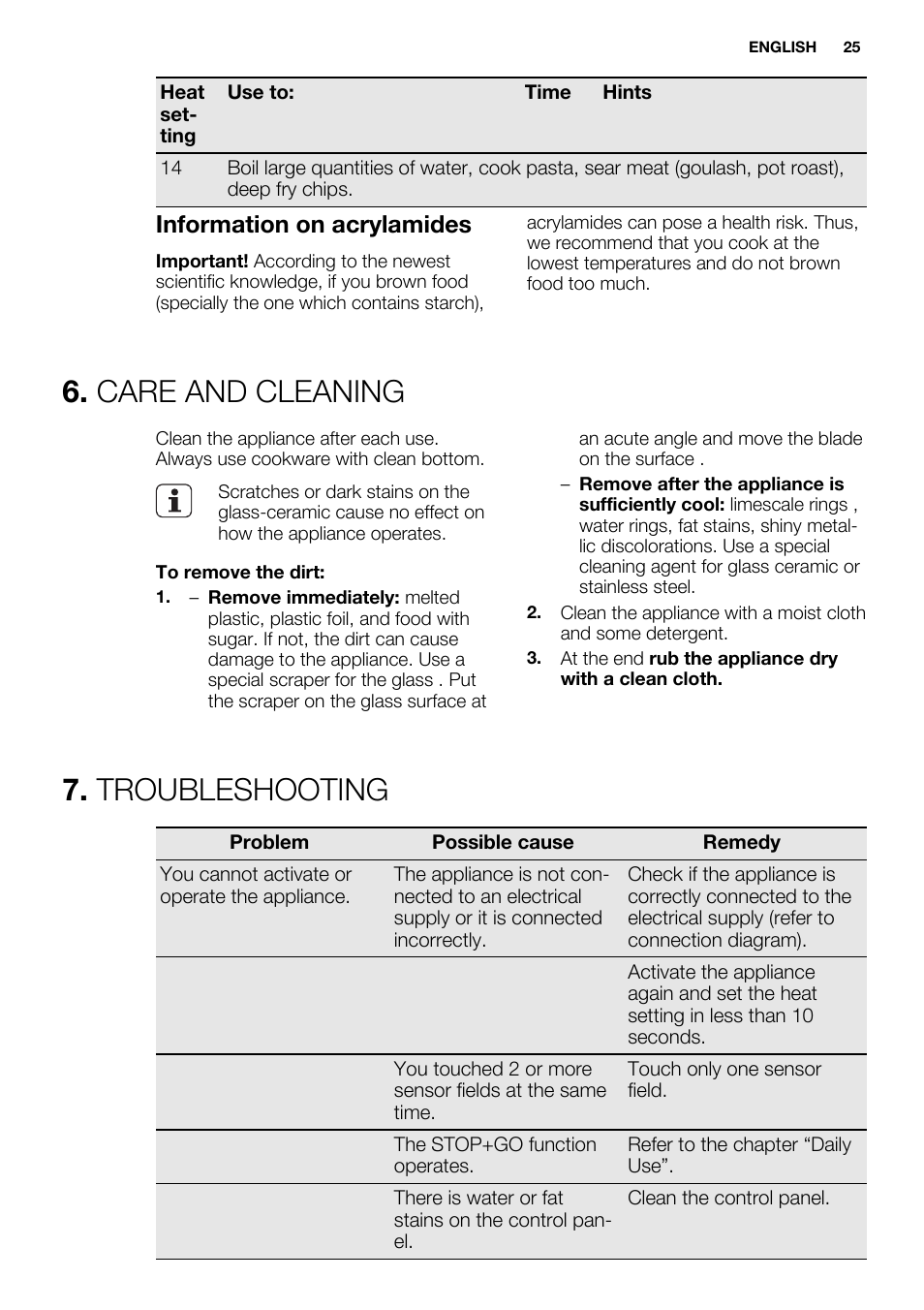 Care and cleaning, Troubleshooting, Information on acrylamides | Electrolux EHF6547FOK User Manual | Page 25 / 60