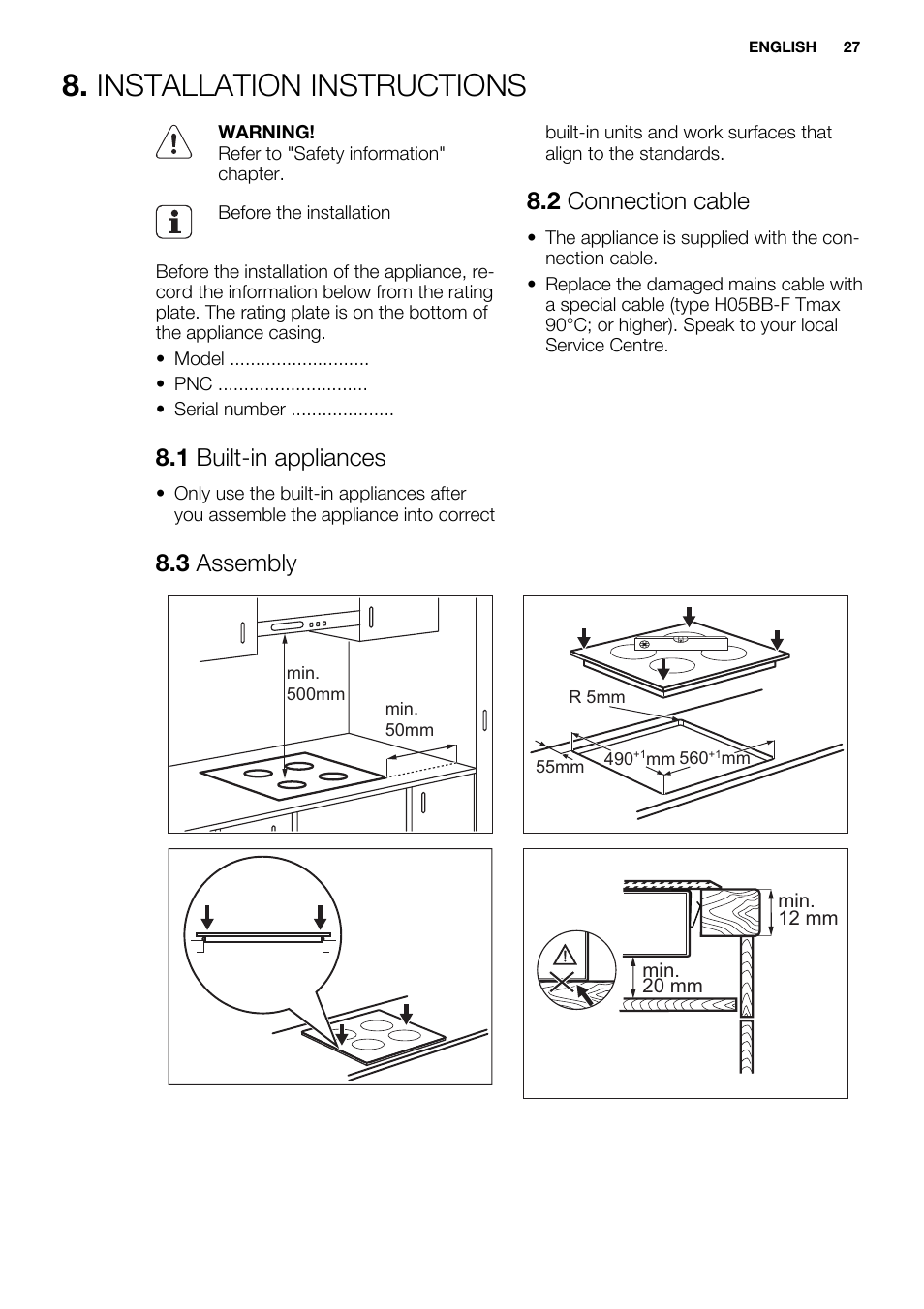 Installation instructions, 1 built-in appliances, 2 connection cable | 3 assembly | Electrolux EHF6547FOK User Manual | Page 27 / 60