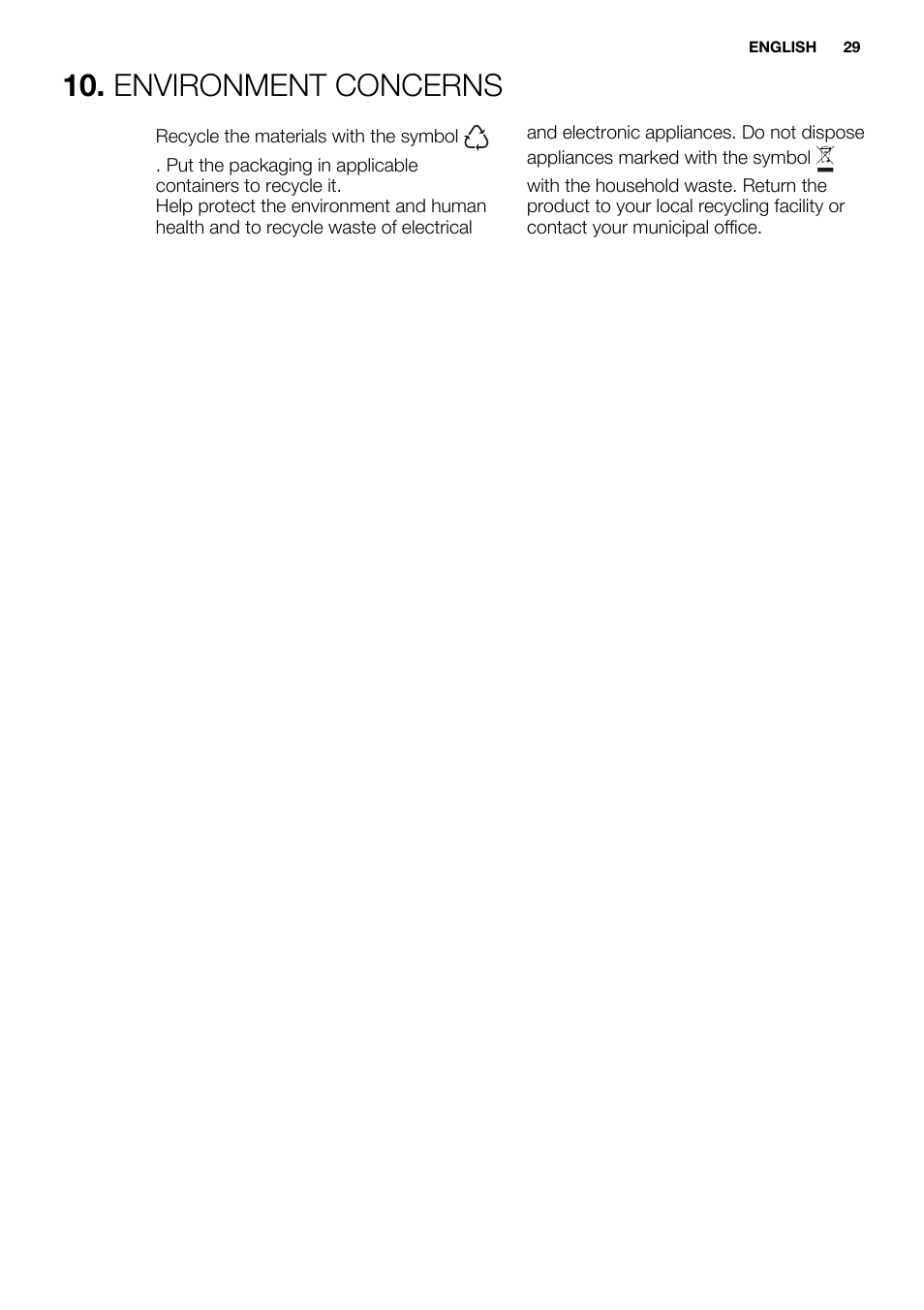 Environment concerns | Electrolux EHF6547FOK User Manual | Page 29 / 60