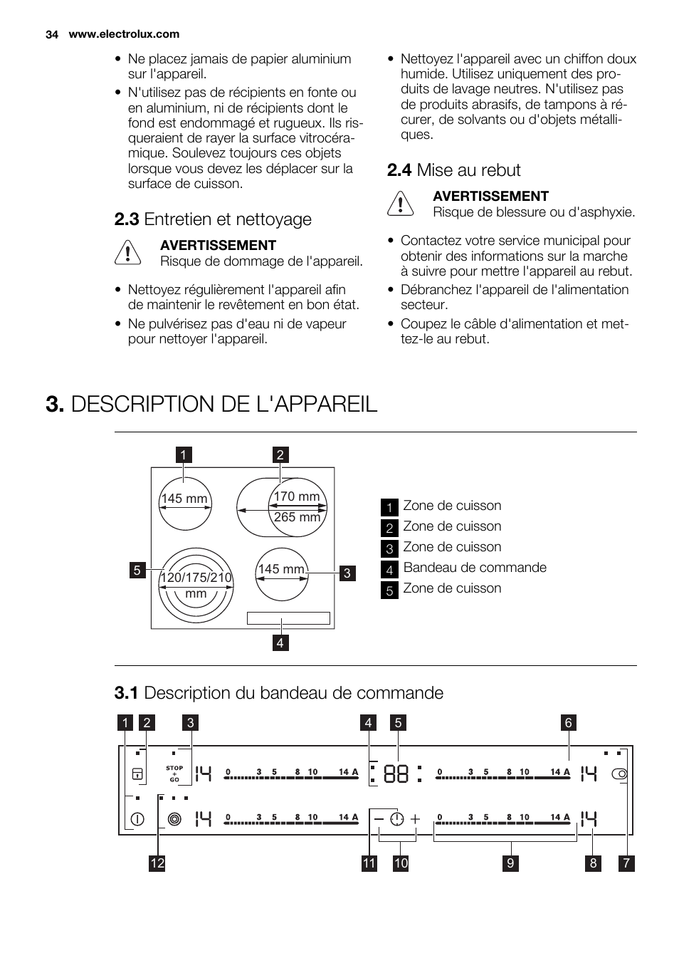 Description de l'appareil, 3 entretien et nettoyage, 4 mise au rebut | 1 description du bandeau de commande | Electrolux EHF6547FOK User Manual | Page 34 / 60