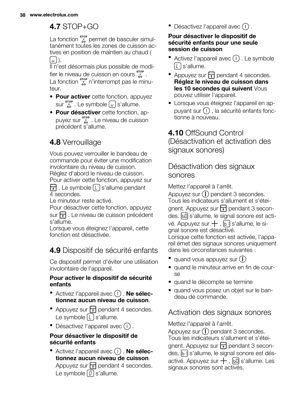 7 stop+go, 8 verrouillage, 9 dispositif de sécurité enfants | Activation des signaux sonores | Electrolux EHF6547FOK User Manual | Page 38 / 60