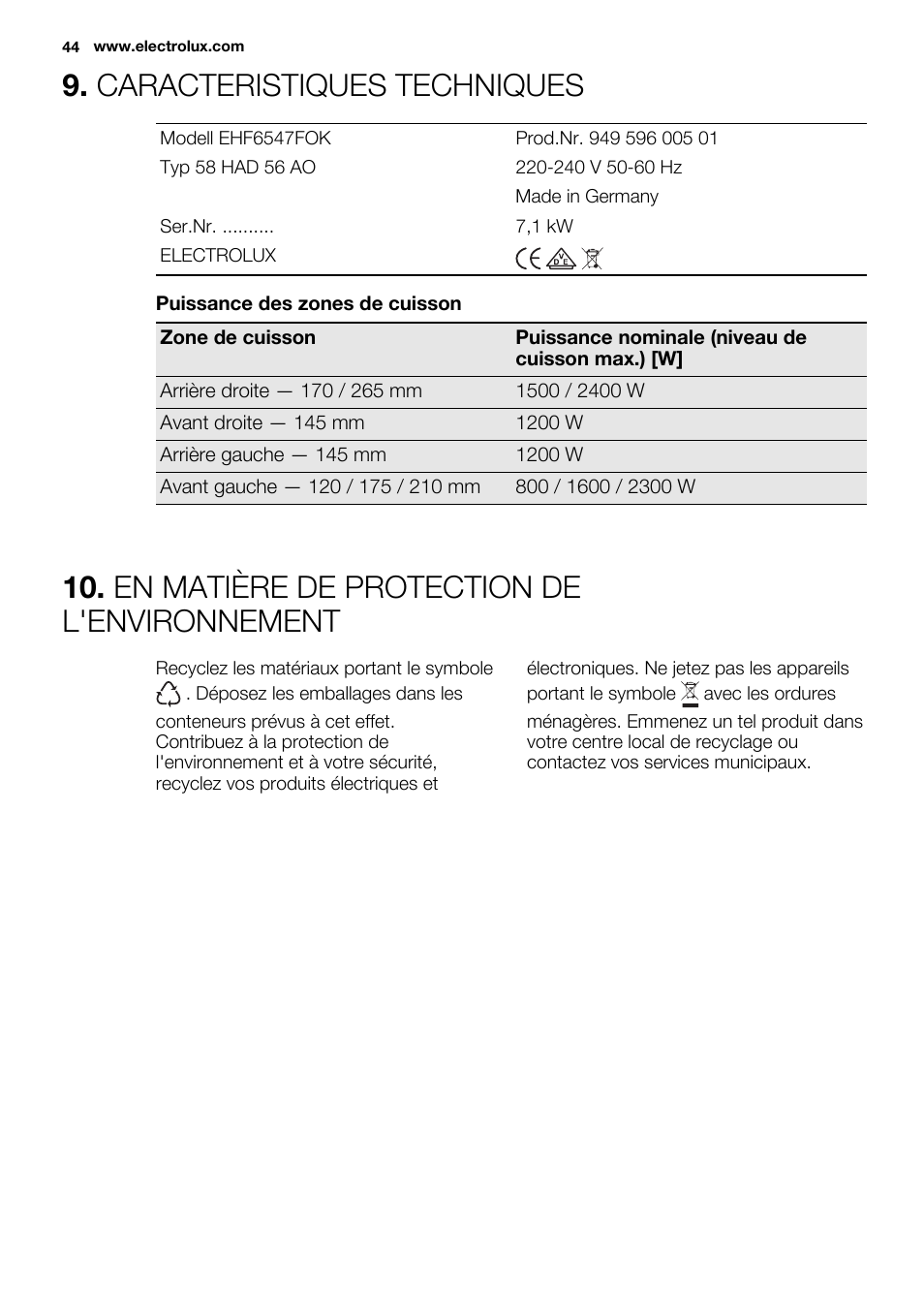 Caracteristiques techniques, En matière de protection de l'environnement | Electrolux EHF6547FOK User Manual | Page 44 / 60