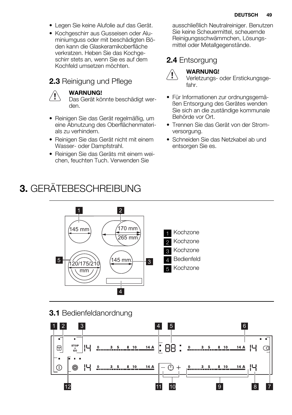 Gerätebeschreibung, 3 reinigung und pflege, 4 entsorgung | 1 bedienfeldanordnung | Electrolux EHF6547FOK User Manual | Page 49 / 60