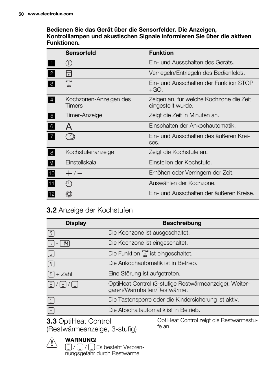 2 anzeige der kochstufen, 3 optiheat control (restwärmeanzeige, 3-stufig) | Electrolux EHF6547FOK User Manual | Page 50 / 60