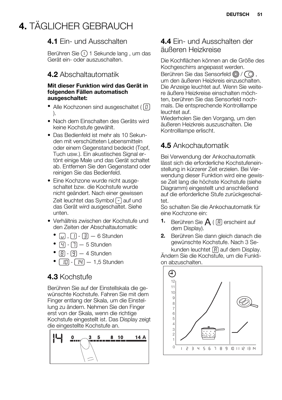 Täglicher gebrauch, 1 ein- und ausschalten, 2 abschaltautomatik | 3 kochstufe, 4 ein- und ausschalten der äußeren heizkreise, 5 ankochautomatik | Electrolux EHF6547FOK User Manual | Page 51 / 60