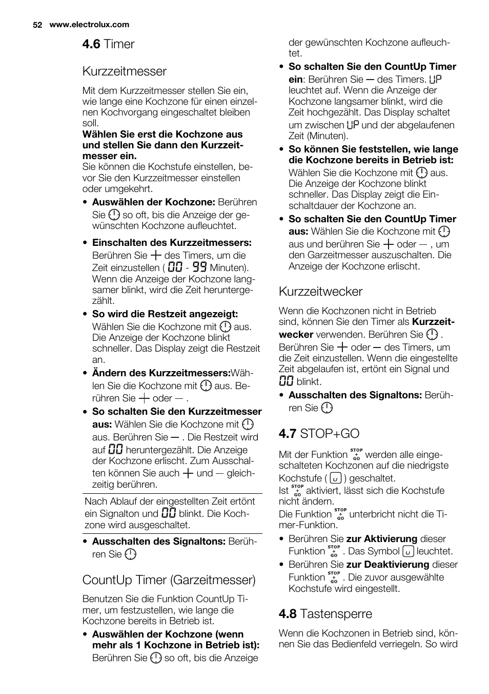 6 timer kurzzeitmesser, Countup timer (garzeitmesser), Kurzzeitwecker | 7 stop+go, 8 tastensperre | Electrolux EHF6547FOK User Manual | Page 52 / 60