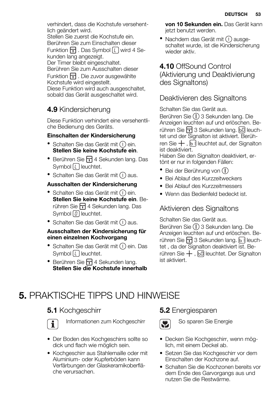 Praktische tipps und hinweise, 9 kindersicherung, Aktivieren des signaltons | 1 kochgeschirr, 2 energiesparen | Electrolux EHF6547FOK User Manual | Page 53 / 60